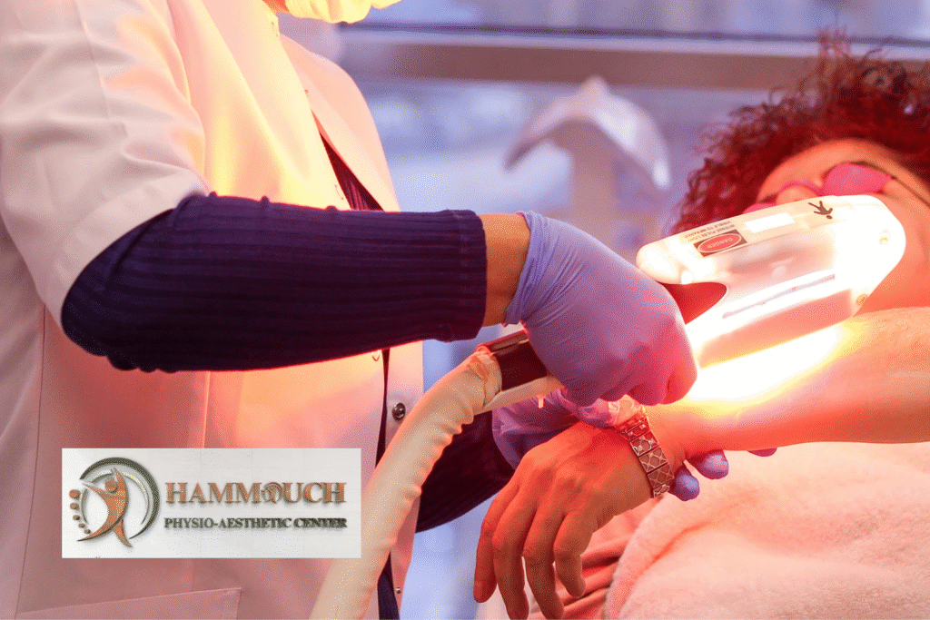 Séance d’épilation laser à Fès au Hammouch Center, réalisée par une praticienne utilisant un appareil professionnel pour un traitement précis et sécurisé des poils.