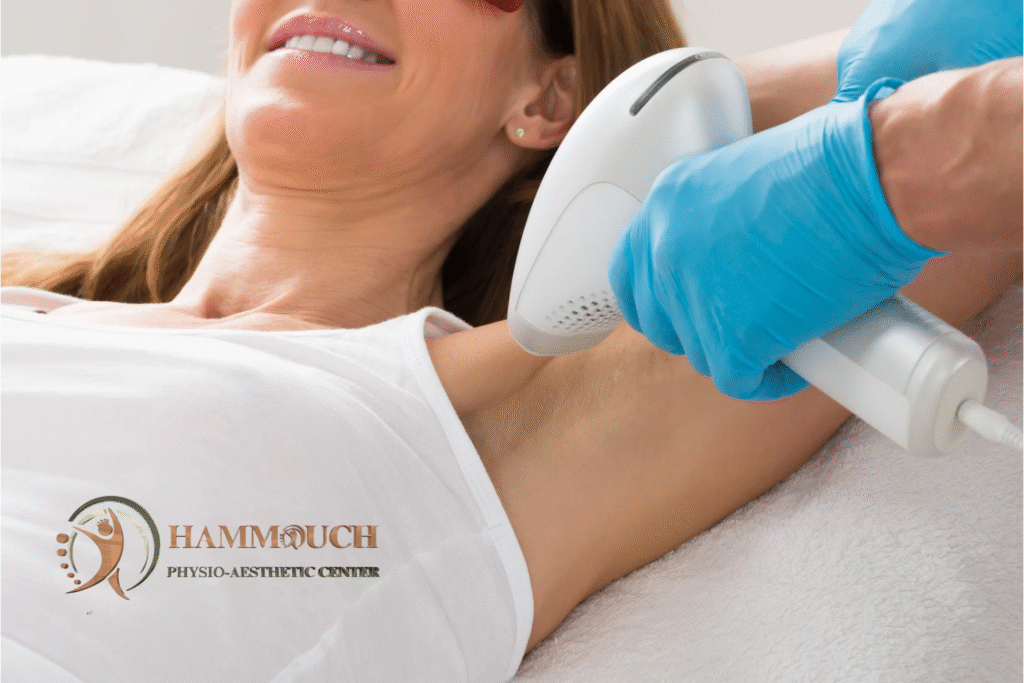 Séance d’épilation laser des aisselles à Fès réalisée au Hammouch Center avec un appareil médical moderne pour un résultat durable et sécurisé.