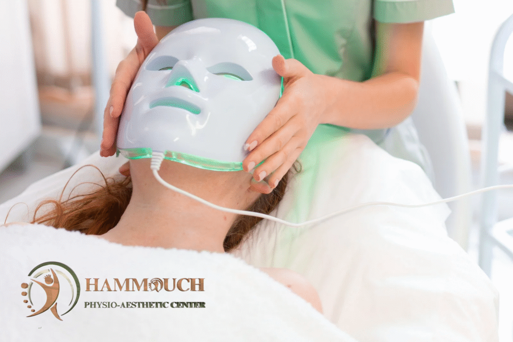 Soin HydraFacial à Fès au Hammouch Center avec masque LED professionnel pour apaiser la peau et améliorer l’éclat du visage.